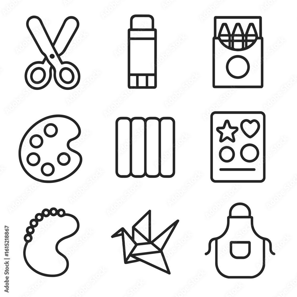 Craft Toys Icons. Line style icons of Arts and Craft Toys: safety scissors, glue stick, crayon box, paint palette, modeling clay,