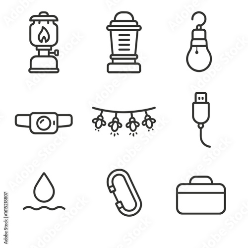 Camping Light Icons. Line style icons of Outdoor Camping Lights: propane lantern, LED camp light, tent hanging bulb, headlamp