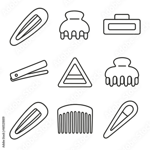 Stylish Hair Clip Icons. Line style icons of Everyday Hair Clips Set: simple snap clip, mini claw clip, matte rectangle clip,