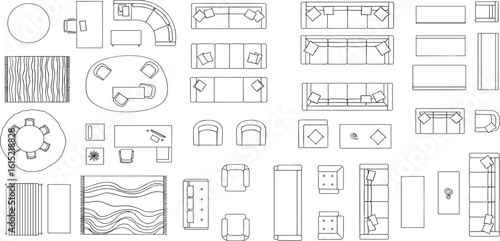 urniture outline top view. Floor plan icons set for design interior and architectural project. Furniture thin line icon in top view for layout