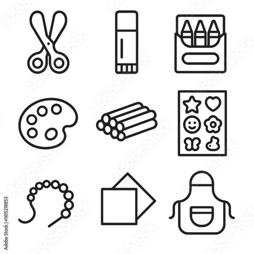 Craft Toys Icons. Line style icons of Arts and Craft Toys: safety scissors, glue stick, crayon box, paint palette, modeling clay,
