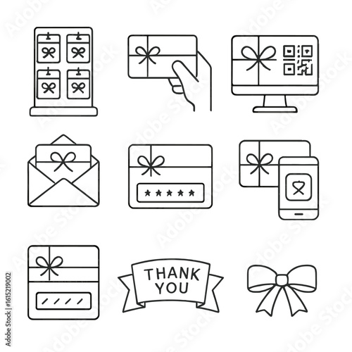 Gift Card Icons. Line style icons of Gift Card Solutions: rack display, gift card swipe, e-gift QR, balance check screen, festive
