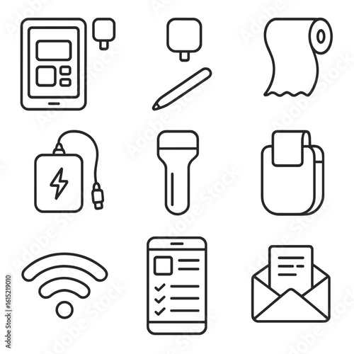 Mobile POS Icons. Line style icons of Mobile POS Kit: tablet POS, card reader dongle, battery power bank, receipt roll, signature