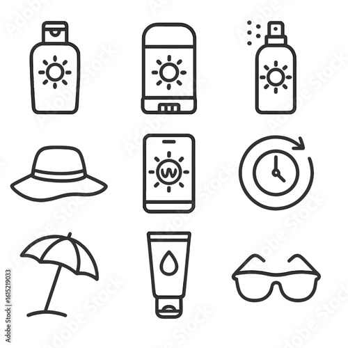 Sun Protection Essentials. Line style icons of Sun Protection Kit: SPF lotion bottle, mineral sunscreen stick, spray mist SPF,