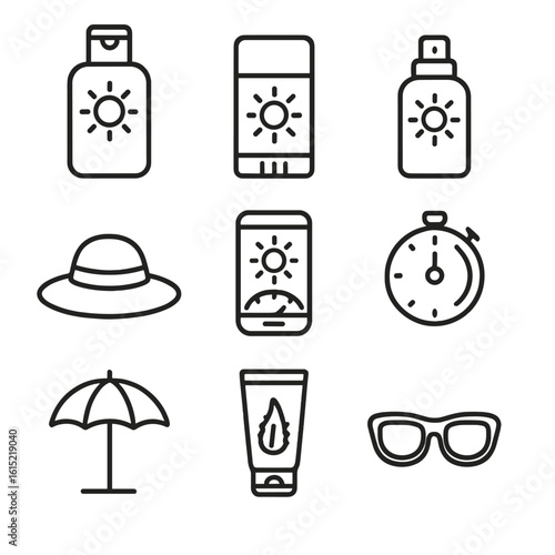 Sun Protection Essentials. Line style icons of Sun Protection Kit: SPF lotion bottle, mineral sunscreen stick, spray mist SPF,