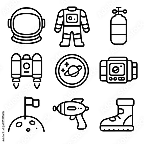 Space Explorer Icons. Line style icons of Space Explorer Costume: astronaut helmet, EVA suit, oxygen tank, jetpack, mission patch,