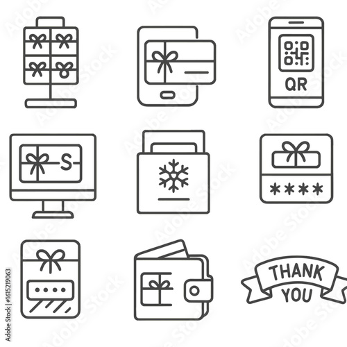 Gift Card Icons. Line style icons of Gift Card Solutions: rack display, gift card swipe, e-gift QR, balance check screen, festive
