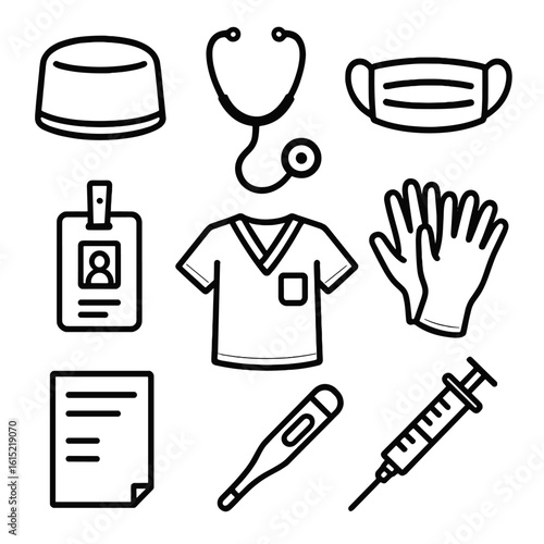 Medical Role-Play Icons. Line style icons of Medical Role-Play Scrubs: surgeon cap, stethoscope, face mask, scrub top, ID badge