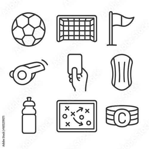 Soccer Match Essentials. Line style icons of Soccer Match Day: soccer ball, goal net, corner flag, referee whistle, yellow card,