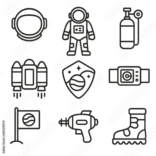 Space Explorer Icons. Line style icons of Space Explorer Costume: astronaut helmet, EVA suit, oxygen tank, jetpack, mission patch,
