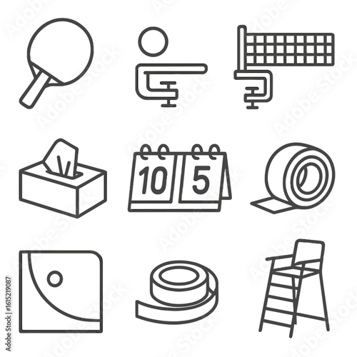 Table Tennis Essentials. Line style icons of Table Tennis Match: paddle bat, celluloid ball, net clamp, score flip board, towel