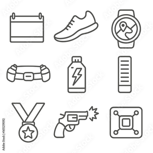 Marathon Gear Icons. Line style icons of Marathon Runner Pack: race bib, running shoe, GPS watch, hydration belt, energy gel, pace