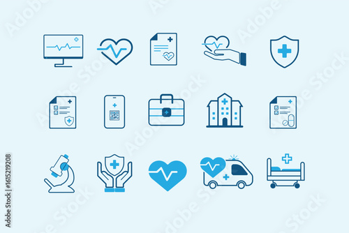Solid line medical icon set with hospital, medical equipment, medicine and healthcare. You can easily change the colors.