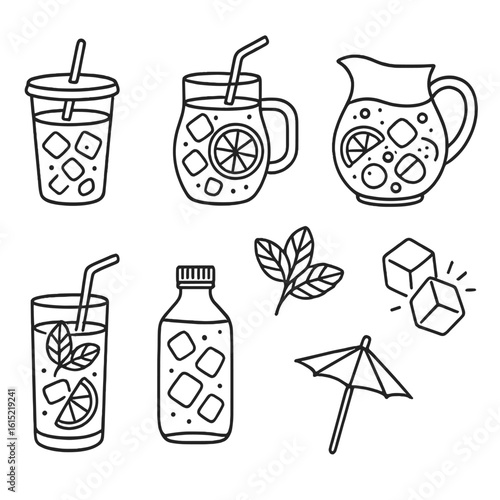 Summer Drink Icons. Line style icons of Summer Iced Refreshers: iced latte cup, lemonade jar, iced matcha glass, fruit sangria