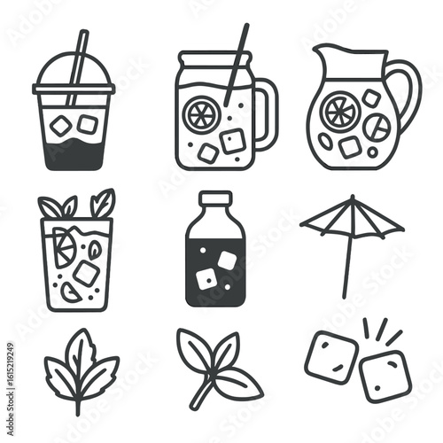 Summer Drink Icons. Line style icons of Summer Iced Refreshers: iced latte cup, lemonade jar, iced matcha glass, fruit sangria