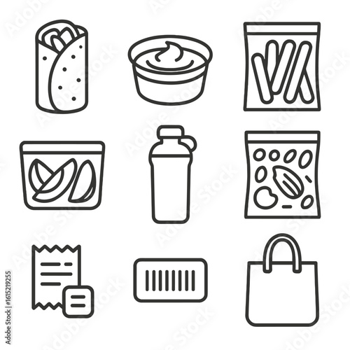 Grab-and-Go Icons. Line style icons of Grab-and-Go Lunch: wrap sandwich, hummus cup, baby carrot sticks, apple wedge pack, protein