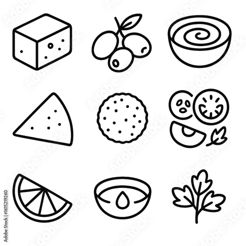 Mediterranean Lunch Icons. Line style icons of Mediterranean Lunch Plate: feta block, olive mix, hummus swirl, pita triangle,