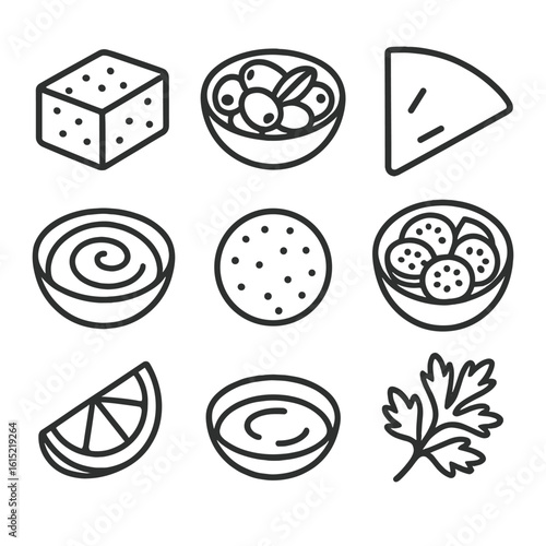 Mediterranean Lunch Icons. Line style icons of Mediterranean Lunch Plate: feta block, olive mix, hummus swirl, pita triangle,
