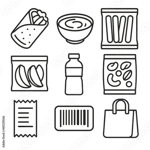 Grab-and-Go Icons. Line style icons of Grab-and-Go Lunch: wrap sandwich, hummus cup, baby carrot sticks, apple wedge pack, protein