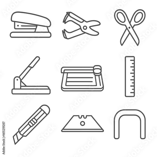 Stationery Cutting Tools Icons. Line style icons of Stationery Stapling & Cutting: desktop stapler, staple remover, scissors,
