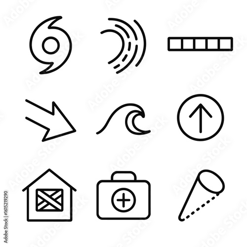 Hurricane Icons Collection. Line style icons of Tropical Hurricane System: hurricane eye spiral, outer rainband arc, category