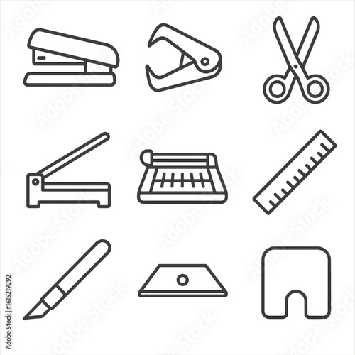 Stationery Cutting Tools Icons. Line style icons of Stationery Stapling & Cutting: desktop stapler, staple remover, scissors,