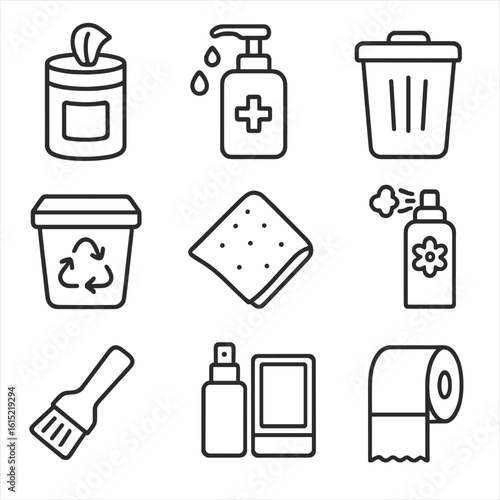 Office Cleanliness Icons. Line style icons of Office Cleanliness Items: disinfectant wipe tub, hand sanitizer pump, trash can,