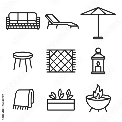 Outdoor Patio Icons. Line style icons of Outdoor Patio Lounge: wicker sofa, chaise lounger, side table, market umbrella, outdoor