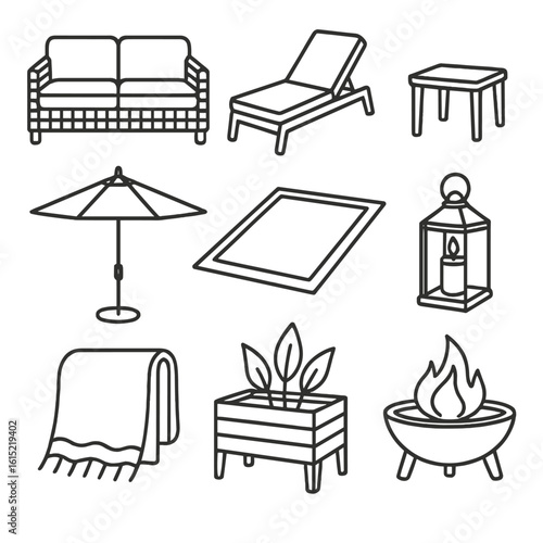 Outdoor Patio Icons. Line style icons of Outdoor Patio Lounge: wicker sofa, chaise lounger, side table, market umbrella, outdoor