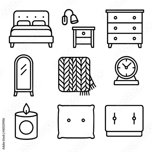 Cozy Bedroom Icons. Line style icons of Cozy Bedroom Setup: upholstered bed frame, bedside table, reading sconce, dresser chest,
