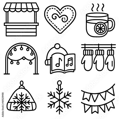 Winter Market Icons. Line style icons of Winter Festival Market: wooden stall, gingerbread heart, mulled cider cup, handmade wool