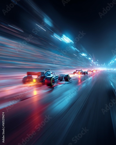 Formula one cars driving fast on a night track with motion blur. 3d rendering Fast cars racing through a colorful night scene.
