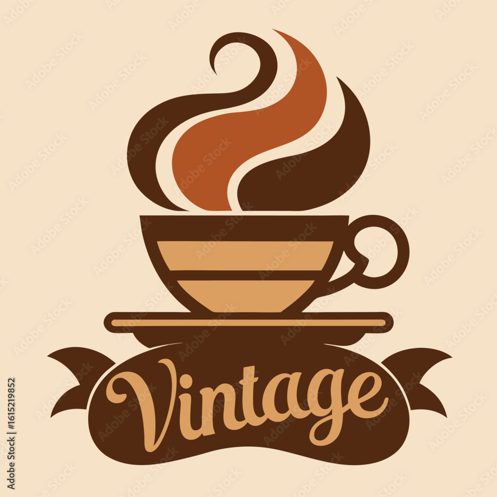 Obraz premium Vintage Coffee Cup Logo with Steaming Aroma and Retro Ribbon Design