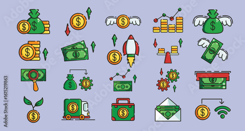 Set icon vector various illustrations depict money growthbusiness finance topics in a clean modern vector set.