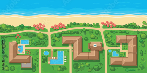 The Resort with Coastline. Trees, Aerial image - High angle view, High angle view, Forest, Map - Navigation tools