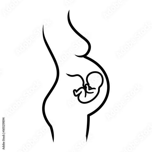 Pregnancy icon silhouette of woman with baby fetus in womb, minimal line art style
