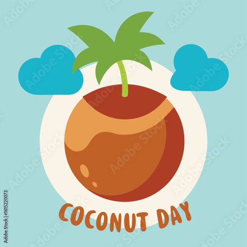 Coconut Day Celebration with Cartoon Coconut and Palm Leaves