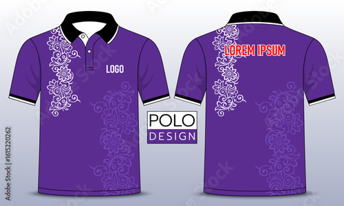 Elegant floral polo shirt vector design with purple tones, T-shirt mockup template design. Vector Illustration.
