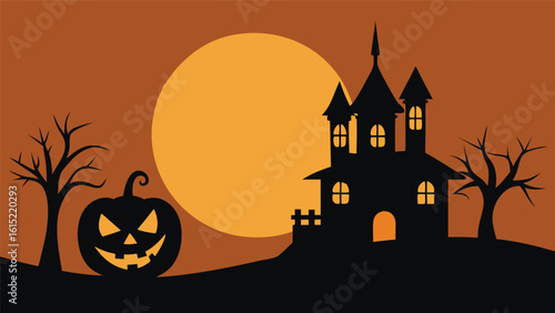 Spooky Halloween Night Landscape with Haunted House Jack o Lantern and Full Moon