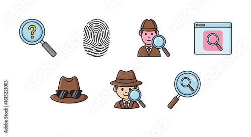 Illustration featuring detectives, magnifying glasses, fingerprint, and a browser window
