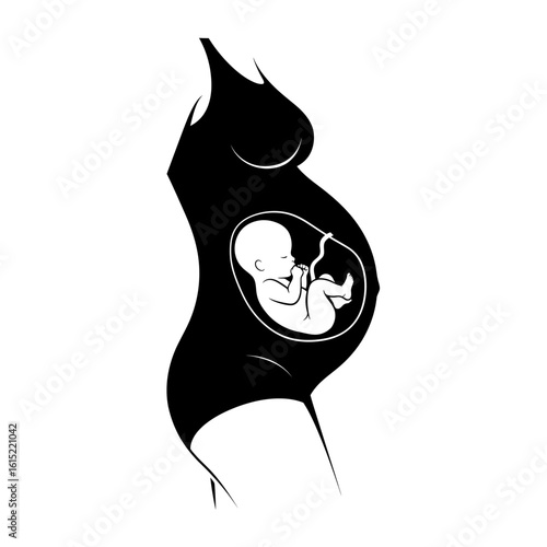 Pregnancy icon with fetus in mother’s belly, black silhouette with white womb detail