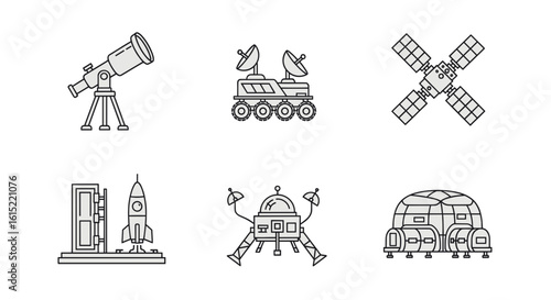 Illustration of a telescope, rover, satellite, rocket, lander and habitat in space theme