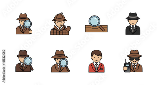 Illustration of various detective characters with magnifying glasses and accessories