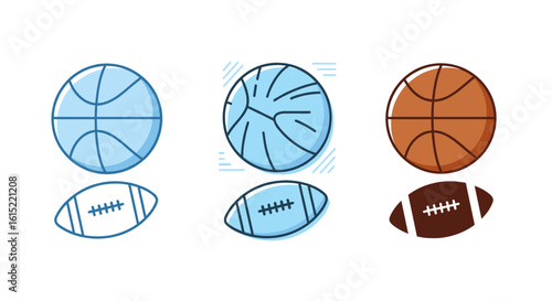 Illustration featuring three basketballs and three footballs in varying colors and styles