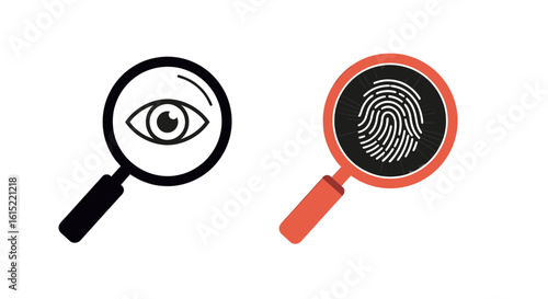 Magnifying Glass of Investigation:  Two magnifying glasses, one with an eye and the other with a fingerprint, symbolize thorough investigation and attention to detail in a clear, minimalist design.
