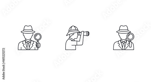 Illustration of three detectives with magnifying glass and binoculars on white background