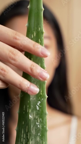 Extreme close-up macro video captures a manicured hand gently pressing a fresh aloe vera leaf, extracting glistening gel, with a blurred natural stone background and soft natural light. Concept of