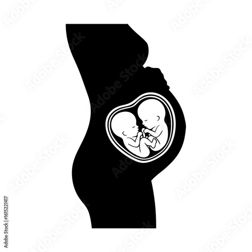 Pregnancy icon showing twin fetuses in womb, black silhouette vector of expecting woman