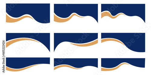 Blue Gold Wave Abstract Shape Border and Corner Frame Vector Set Collection. Decorative Elements Corners, Borders, and Frames.