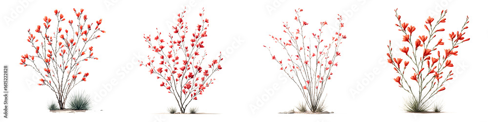 Naklejka premium Set of Red Watercolor Floral Bushes on White Background
